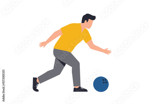 Flat Vector Illustration of a Man Bowling with a Blue Ball.