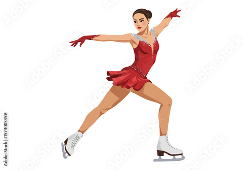 Figure Skater in Red Dress Performing on Ice Arms Extended.