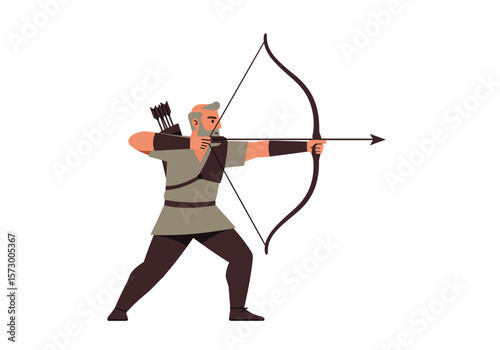 Focused Archer with Bow and Arrow in Ready Position Medieval Style.