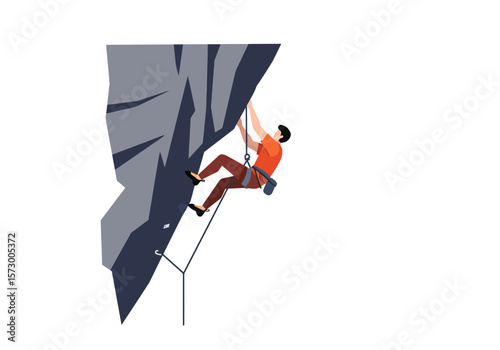 Flat Vector Illustration of a Man Rock Climbing with Safety Rope.
