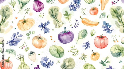 Watercolor Vegetable Pattern With Pumpkins, Tomatoes, Eggplants, and Fresh Greens for Kitchen Decor

