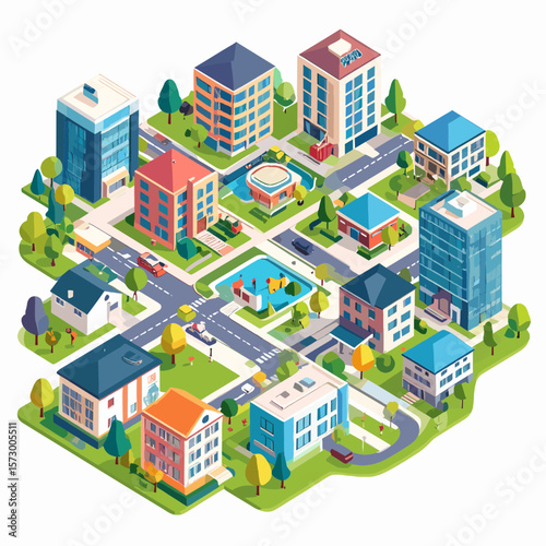 Isometric Cityscape Featuring Buildings and Streets with a Birds Eye View in Flat Design