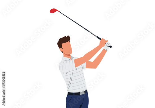 Golfer in striped shirt swinging redheaded golf club with white gloves.
