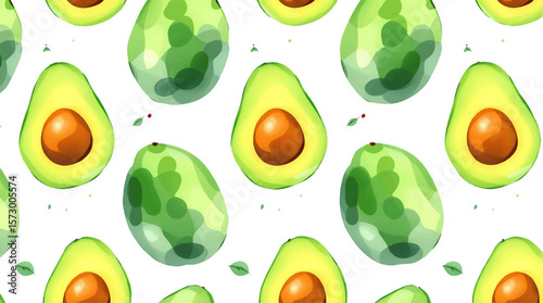 Watercolor background pattern avocado on white background	