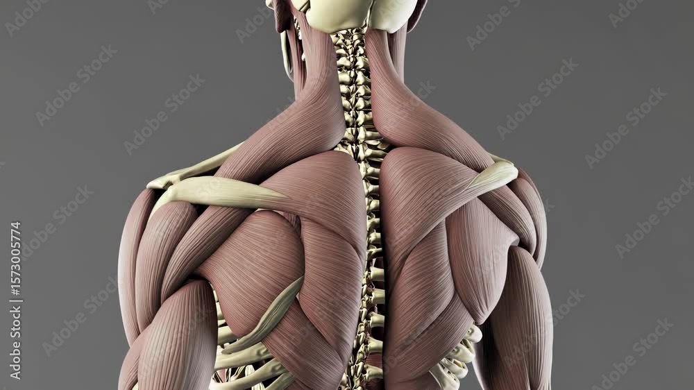 Medical rendering displaying human back anatomy, rotating through ...