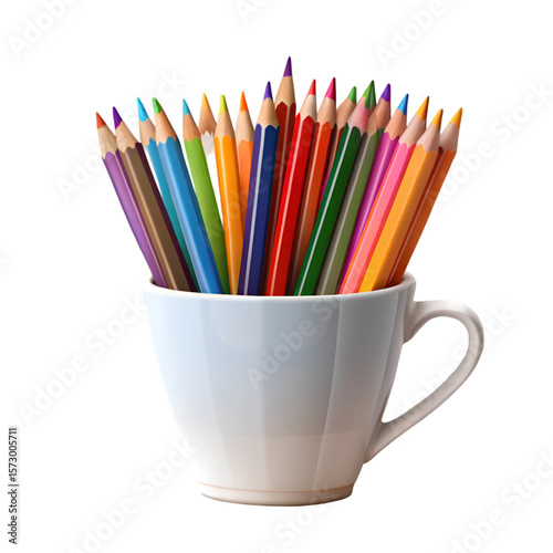 Colored pencil set arranged in white ceramic cup and isolated on transparent background
