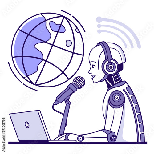 AI humanoid robot podcasting with microphone, headset, and world globe