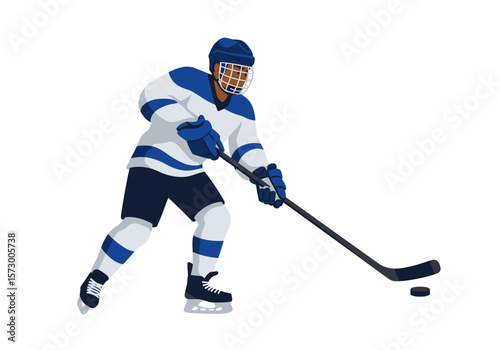 Ice Hockey Player in Blue and White Uniform with Puck and Stick.