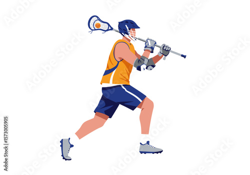 Lacrosse Player in Action with Stick Helmet Gloves and Pads in Motion.