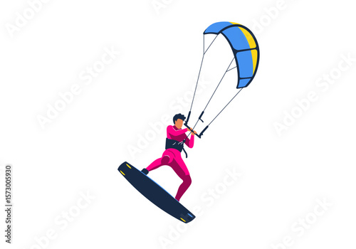 Kitesurfer in Pink Wetsuit with Blue and Yellow Kite on Dark Board.