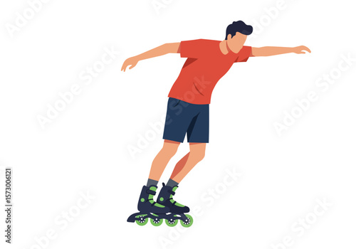 Man in Red Shirt Rollerblading with Arms Extended for Balance.