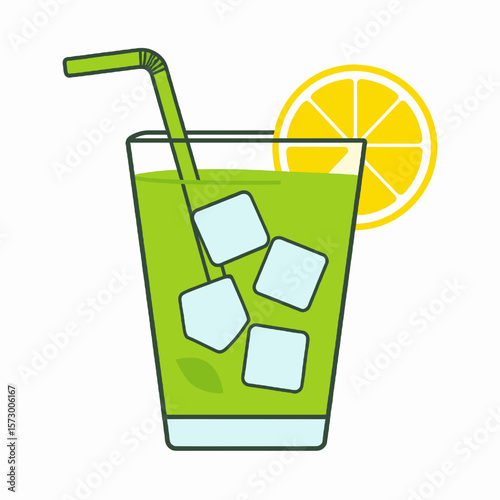 Lime Green Beverage with Ice Cubes and Lemon Slice Served in Clear Glass with Straw on White Background