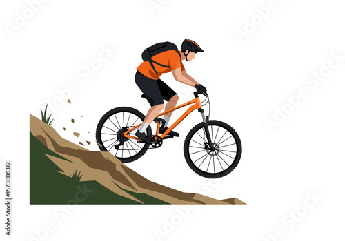 Mountain Biker Jumping Off a Hill Wearing Helmet and Backpack Orange Shirt.