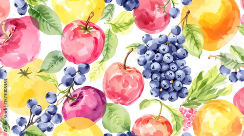 Watercolor Fruit Pattern With Apples Grapes Peaches And Berries For Background Design