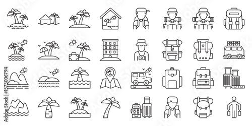 Backpacking Trips to Tropical Islands set of web icons in line style. backpacking trip, tropical islands, island backpacking and solo travel.  Vector illustration.