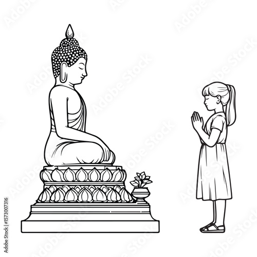 Line art of a girl paying respect to Buddha statue vector