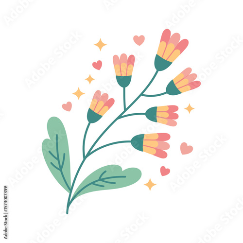 Stylized pink flower sprig with hearts and sparkles for romantic designs, wedding invitations, greeting cards, and feminine themes.