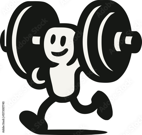 Cartoon character carrying heavy weights, running, happy expression.