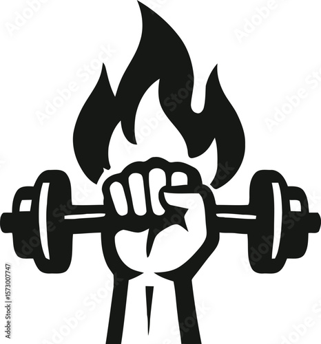 Fiery fitness emblem: a strong hand grips a flaming barbell, symbolizing intense workout and strength.