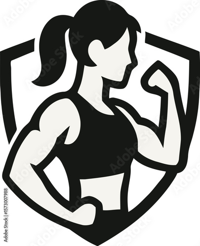Silhouette of a strong woman flexing her bicep, inside a shield shape.
