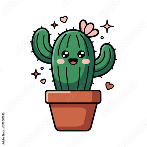 Cute cartoon cactus in a terracotta pot, perfect for greeting cards, stickers, childrens books, plantrelated designs, and botanical themes.