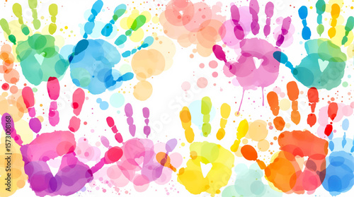 Watercolor pattern color children's handprints on white background
