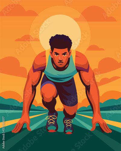 Sports day. Vector bright illustration. Powerful sprinter in the starting position on the running track against the background of the sun. Symbolizes strength, energy. Used in sports, health projects