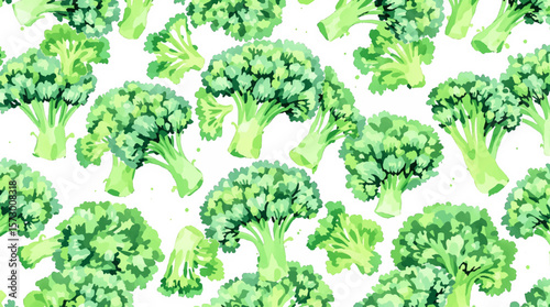 Fresh green cabbage broccoli seamless pattern. Hand drawn vector illustration, watercolor splashes background