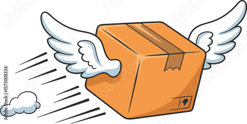 Cartoon illustration of a package with wings flying through the air.