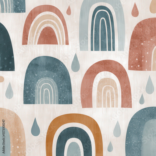Seamless Pattern of Stylized Rainbow Arches with Raindrops on a Soft Textured Background
