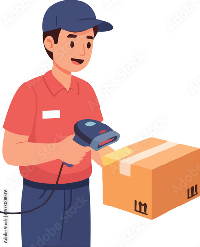 A delivery person scans a package with a barcode scanner, ready for shipping.