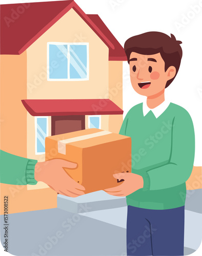 Man receiving a package in front of a house, delivery concept.