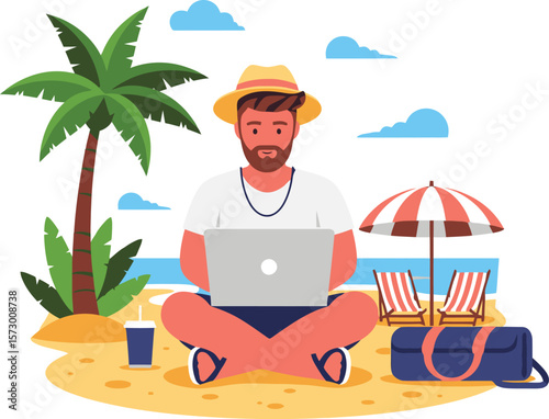 A bearded man works remotely on his laptop, enjoying a tropical beach vacation.