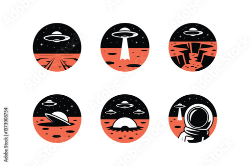 Alien invasion scenes with flying saucers and astronauts space stars