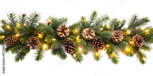 A festive christmas garland with pine cones and glowing lights creates a warm and inviting holiday decoration for the winter season isolated on transparent background