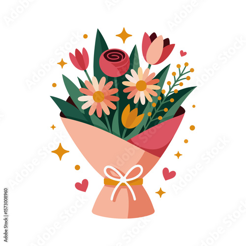 Illustration of pretty spring flower bouquet in peach paper, perfect for greeting cards, floral designs, and botanicalthemed projects.