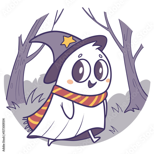 Cartoon ghost wearing a witch hat and scarf walking in a forest with trees in a circular frame design