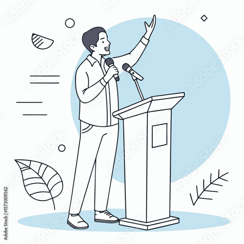 Male public speaker presenting at podium with microphone and gesture