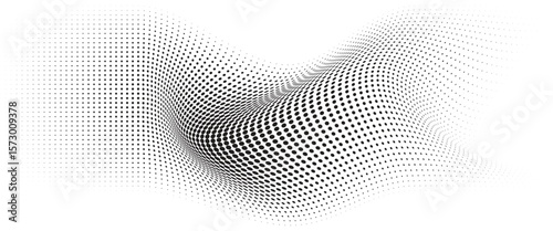 Flowing Wave Dot Halftone Pattern: Curve Gradient Shape on Transparent Background. Suitable for AI, Tech, Network, Digital, Science, and Technology Themes.