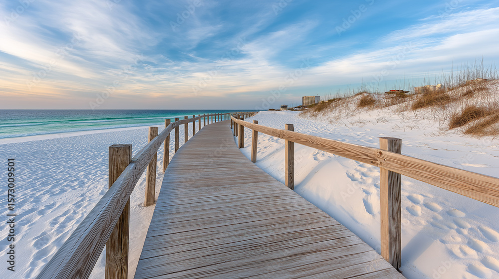 Naklejka premium Beach access walkway with weathered wooden railings cutting through sand dunes, footprints in pristine white sand, calm blue ocean horizon, peaceful sunset lighting, coastal paradise scene, natural be