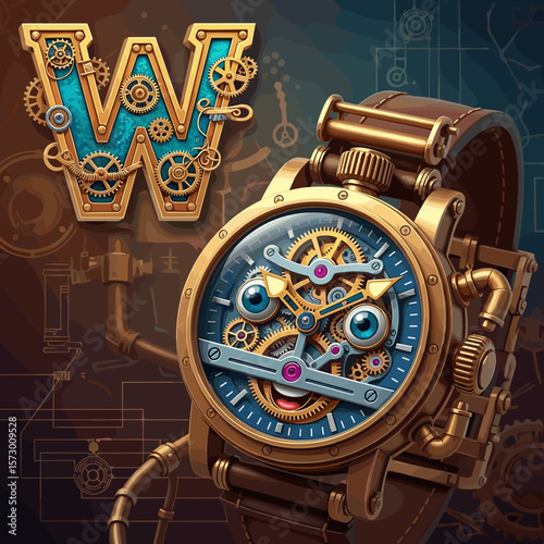 Steampunk style letter W with watch concept for graphic design. Steampunk Style Alphabet