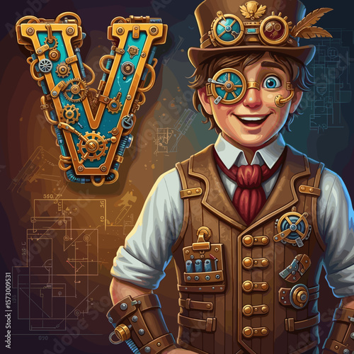 Smiling boy dressed in victorian vest with visible mechanisms, pipes, and rivets with mechanical letter V, for creative projects. Steampunk Style Alphabet