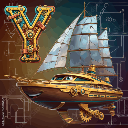 Letter Y and sailing yacht in steampunk style for educational use. Steampunk Style Alphabet