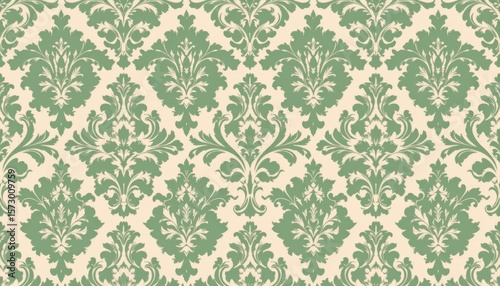 Seamless pattern with vintage green damask floral ornaments on a light beige background