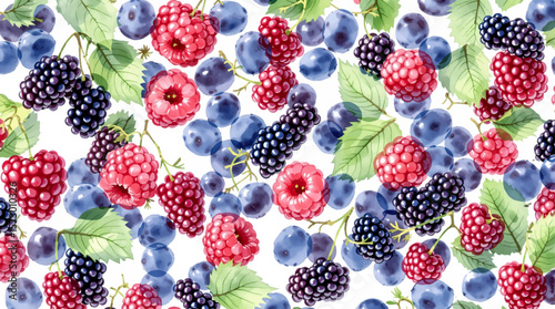 Colorful Berry Pattern With Raspberries, Blueberries, And Green Leaves For Food Design

