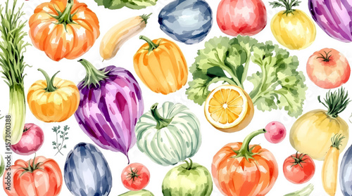 Watercolor Vegetable Pattern With Pumpkins, Tomatoes, Eggplants, and Fresh Greens for Kitchen Decor
