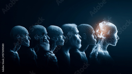 Human evolution from ancient hominids to modern man, with a glowing brain representing intelligence, progress, and the advancement of knowledge and scientific development over time