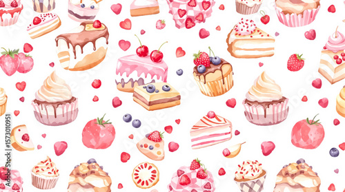 Watercolor Sweet desserts pattern on white background