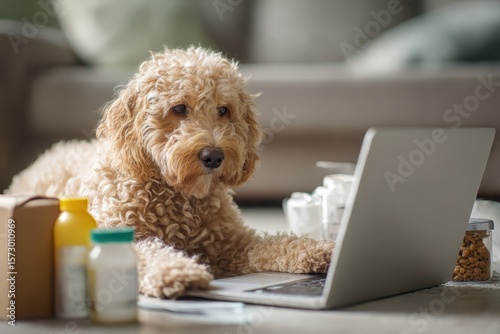 Labradoodle dog ordering online by internet for home delivery. Paws on laptop with a food shopping product selection. Concept for pets using technology, or animals imitating humans. Selective focus.