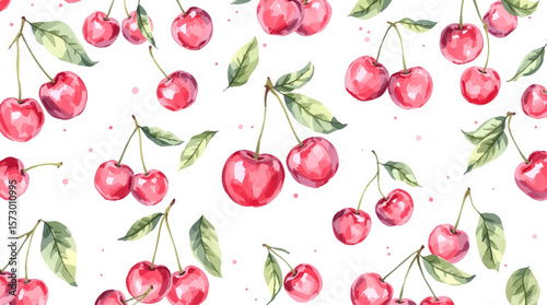Watercolor red cherries on white background seamless vector pattern	